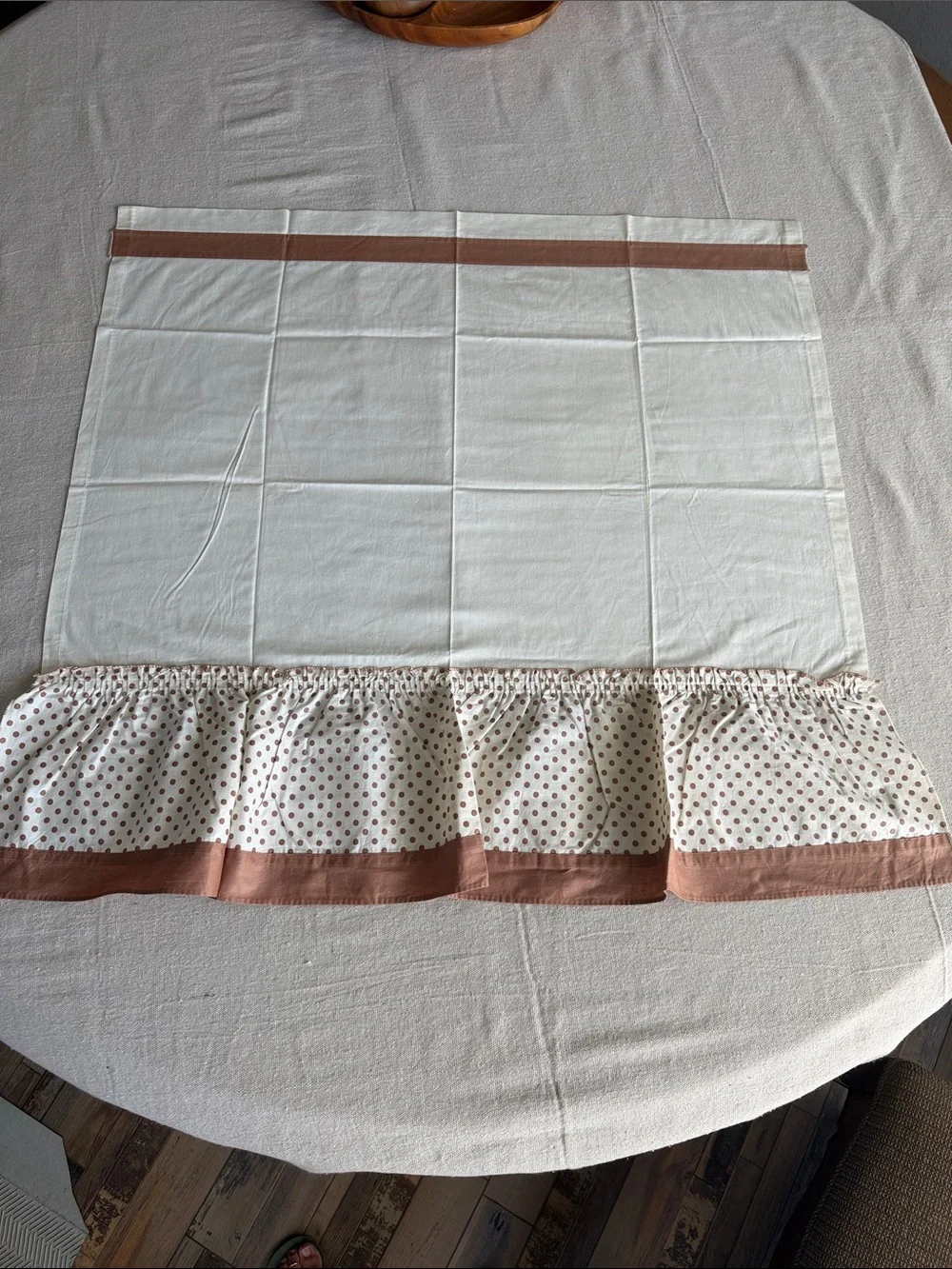 Vintage ruffled cream & muted terra cotta brown polka dot cafe curtain valances